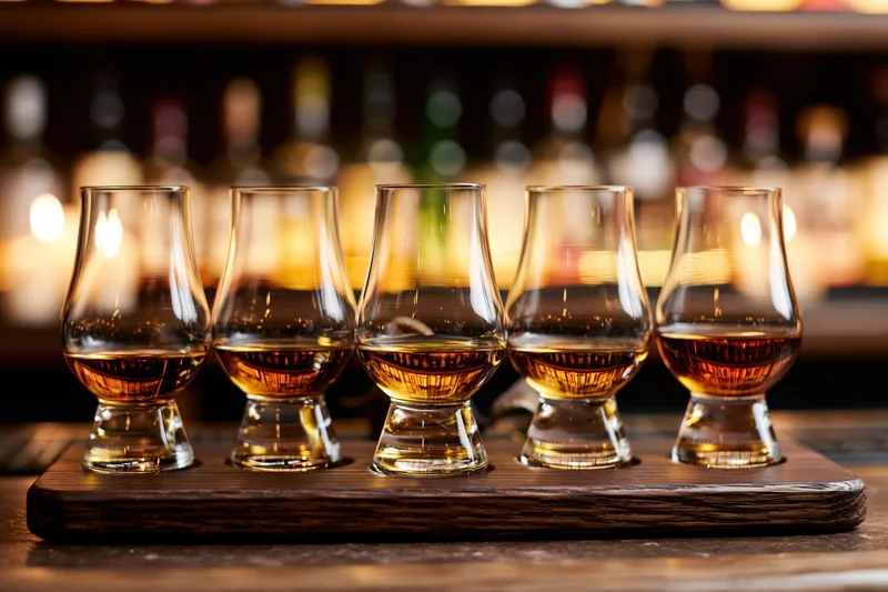 Five glencairn glasses filled with amber whisky arranged in a row on a wooden tray at a bar