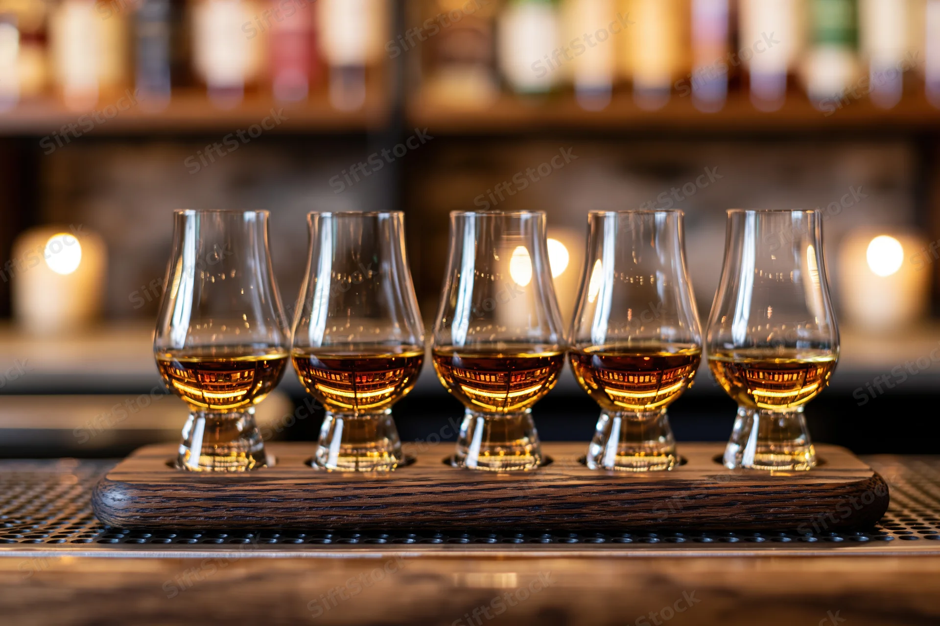 Five glencairn glasses filled with whisky arranged in a row on a wooden tray at a bar