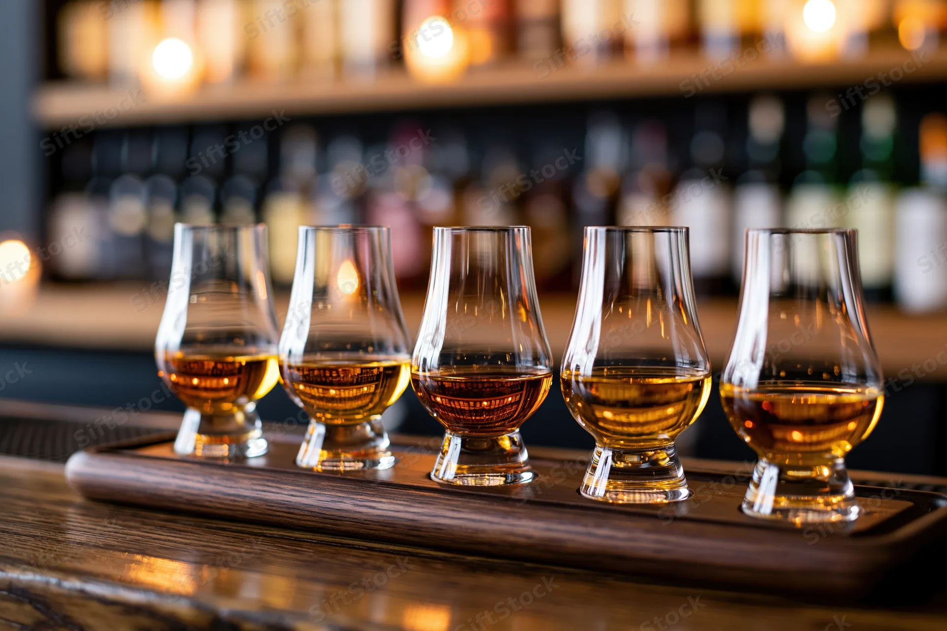 Five glencairn glasses filled with whisky arranged in a row on a wooden tray at a bar