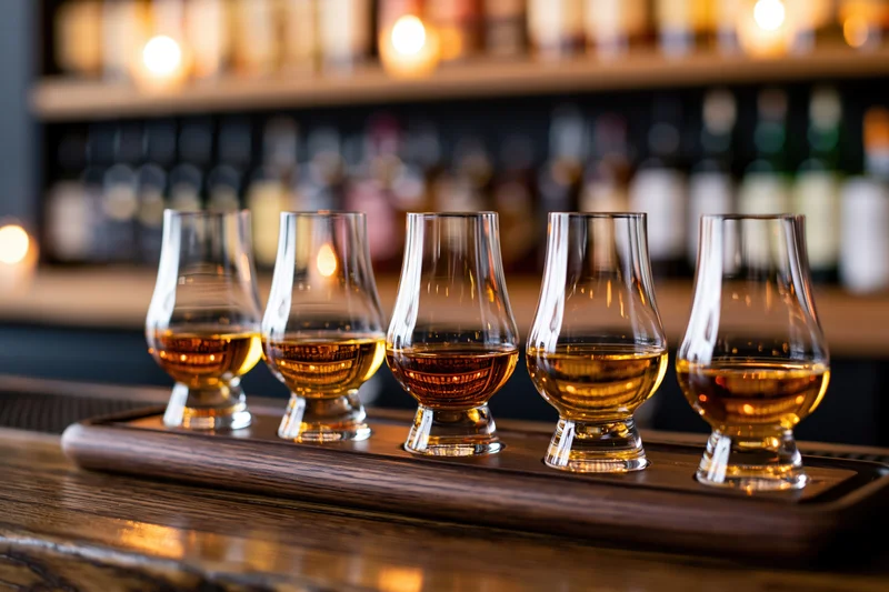 Five glencairn glasses filled with whisky arranged in a row on a wooden tray at a bar