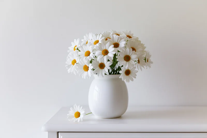 White ceramic vase holding a full bouquet of white daisies on a white surface