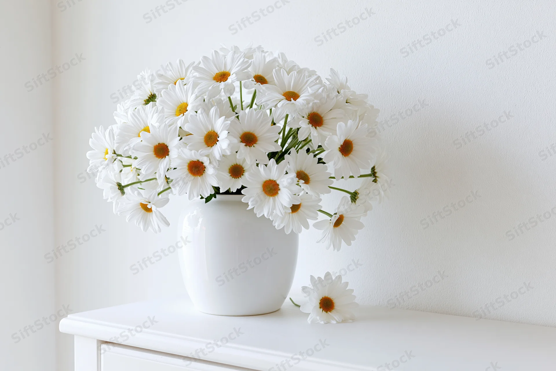 White ceramic vase holding a full bouquet of white daisies on a white table against a white wall