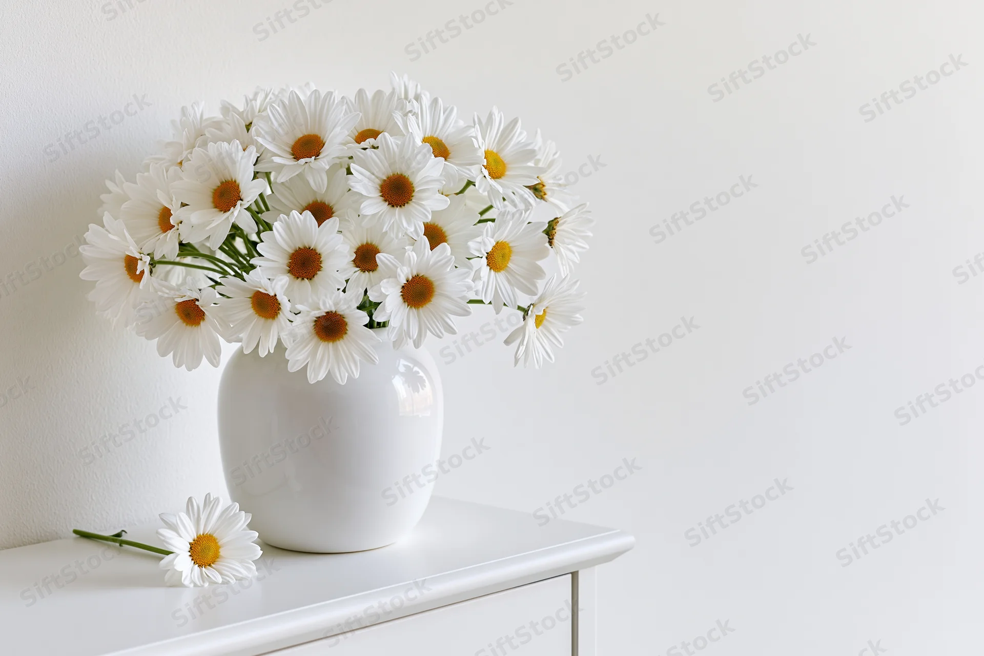 White ceramic vase holding a full bouquet of white daisies on a white cabinet with one flower lying beside it