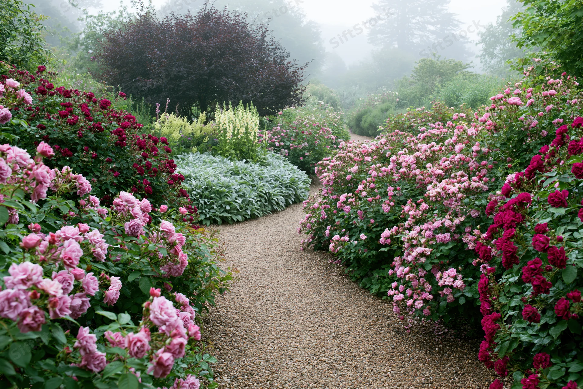 Winding gravel path through dense rose bushes and green foliage in a garden