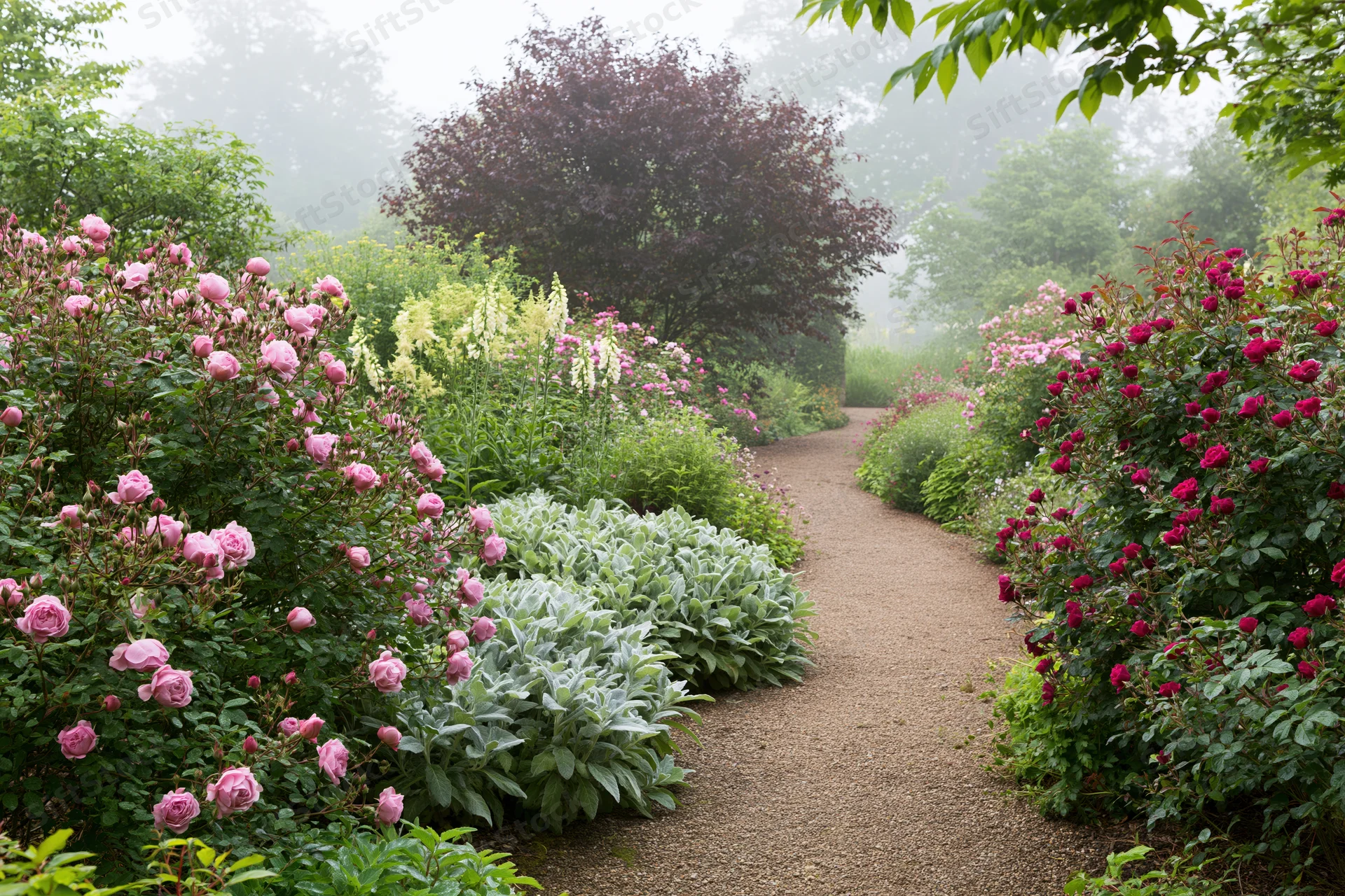 Winding gravel path through blooming rose bushes and green shrubs in a misty garden