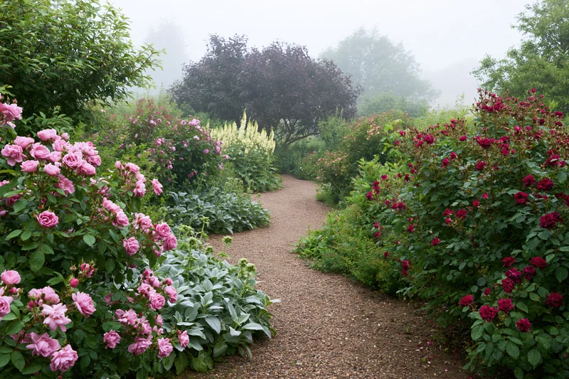 Winding gravel path through blooming rose bushes and green shrubs in a misty garden
