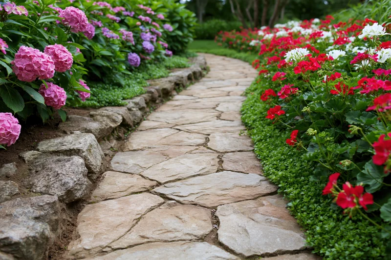 Curving stone paver path through flowerbeds with pink hydrangeas and red geraniums in a garden