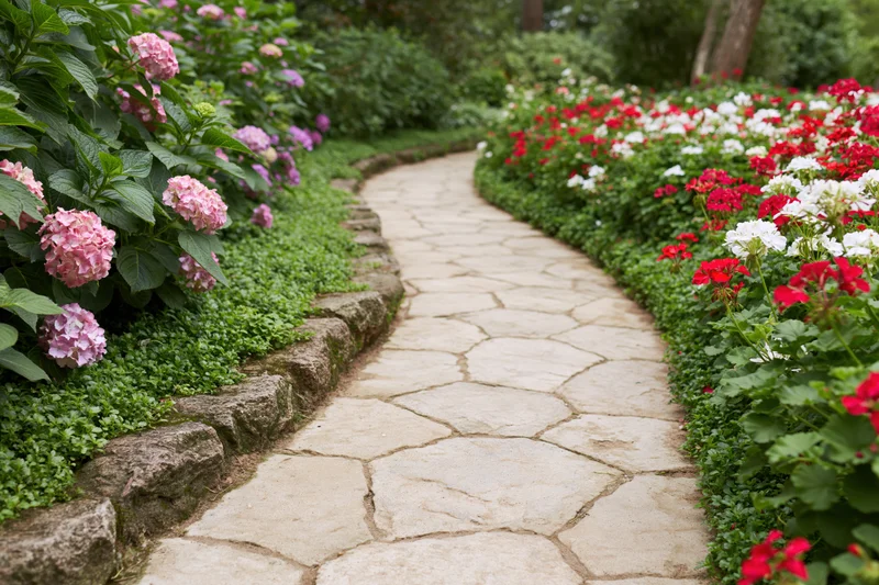 Winding stone paver garden path curving through dense flower beds with pink hydrangeas and red white geraniums