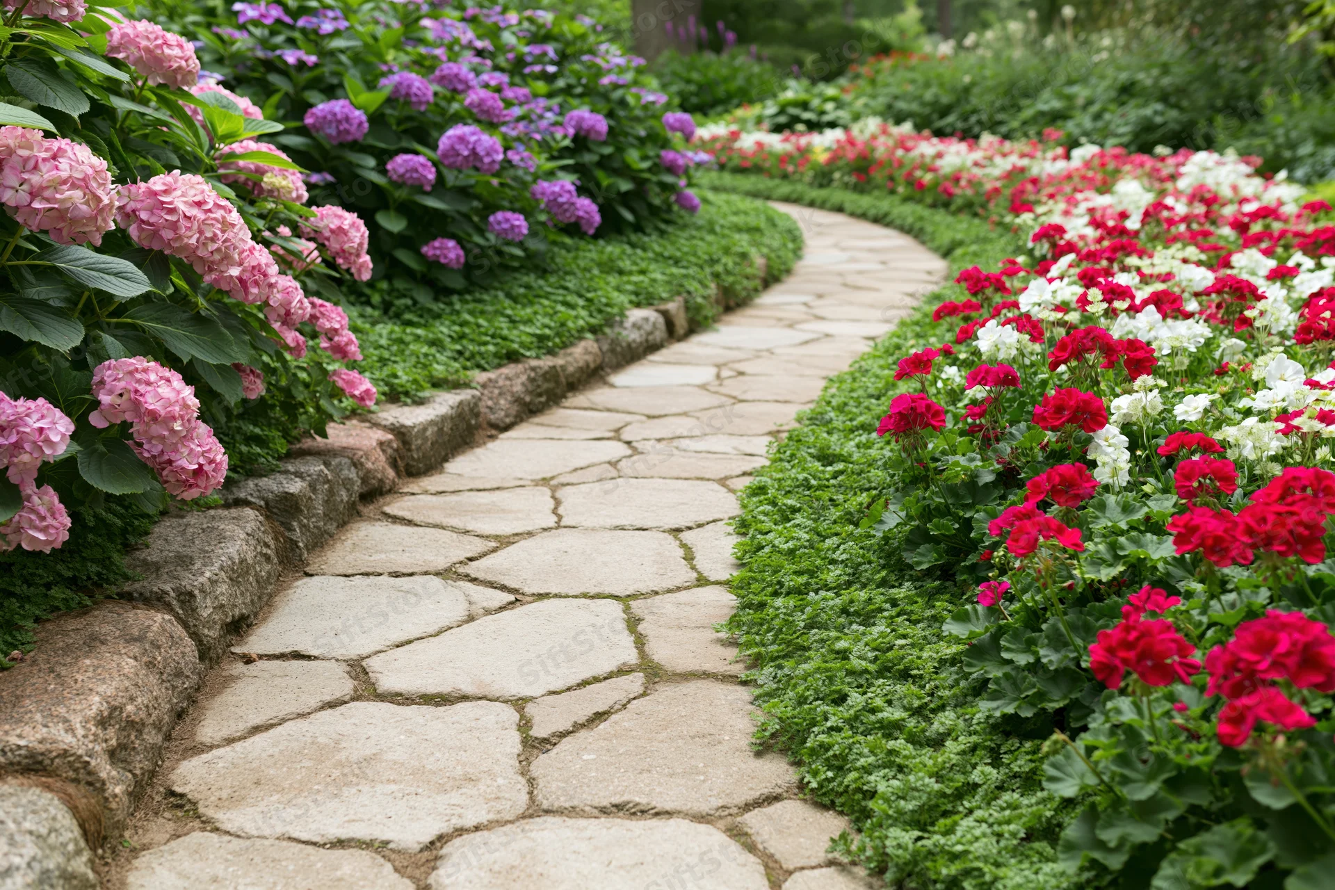 Winding stone paver garden path curving through dense flower beds with pink hydrangeas and red white geraniums bordered by green groundcover