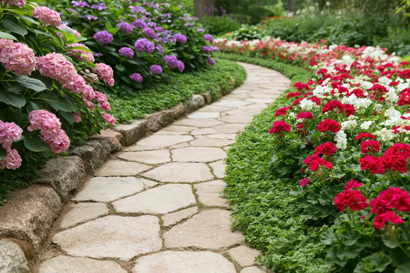 Winding stone paver garden path curving through dense flower beds with pink hydrangeas and red white geraniums bordered by green groundcover
