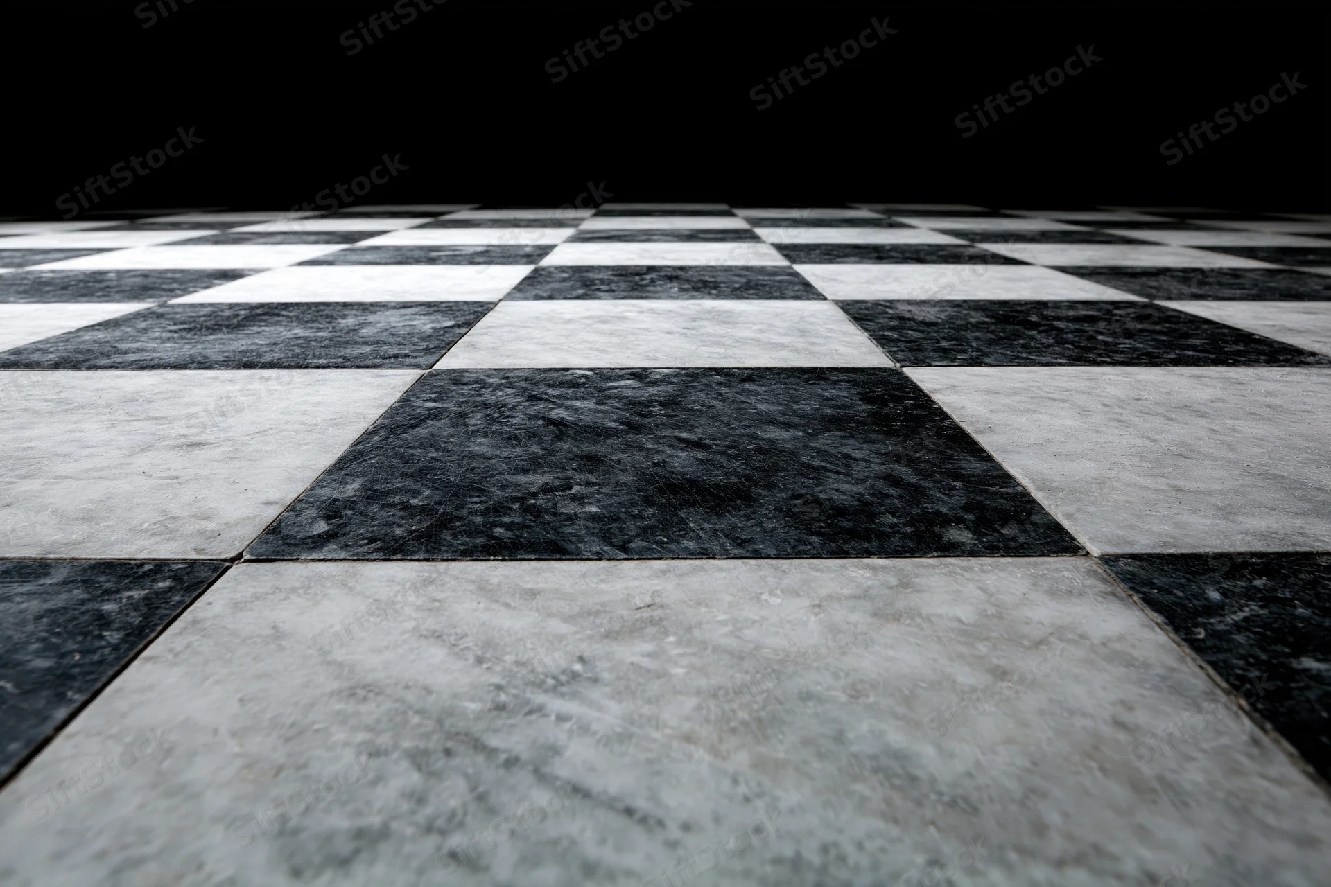 Aged black and white marble checkerboard floor extending into perspective with visible texture and wear