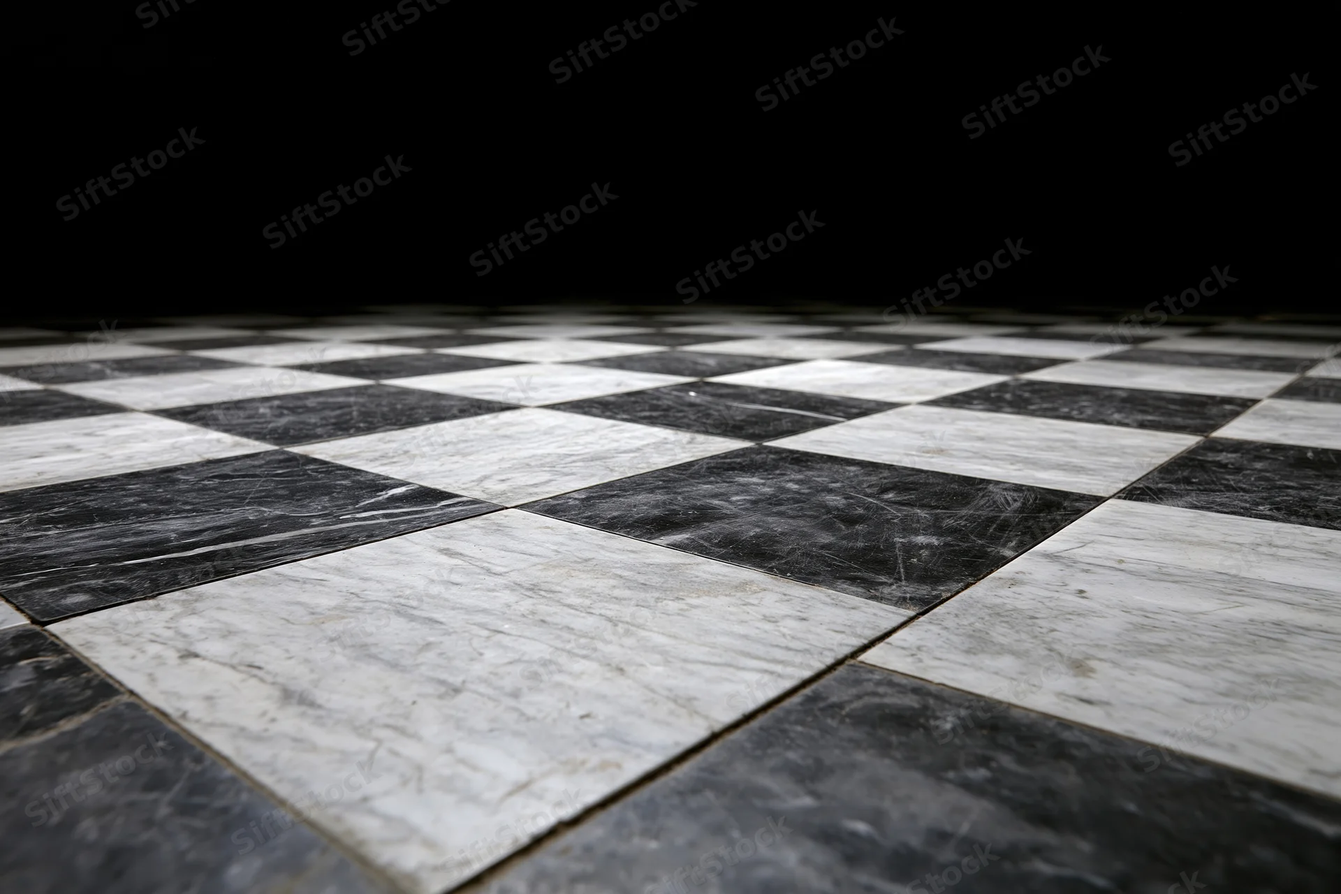 Aged black and white marble checkerboard floor extending into the distance with dark background and copyspace