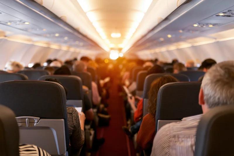 Airplane cabin interior looking down the aisle toward the cockpit