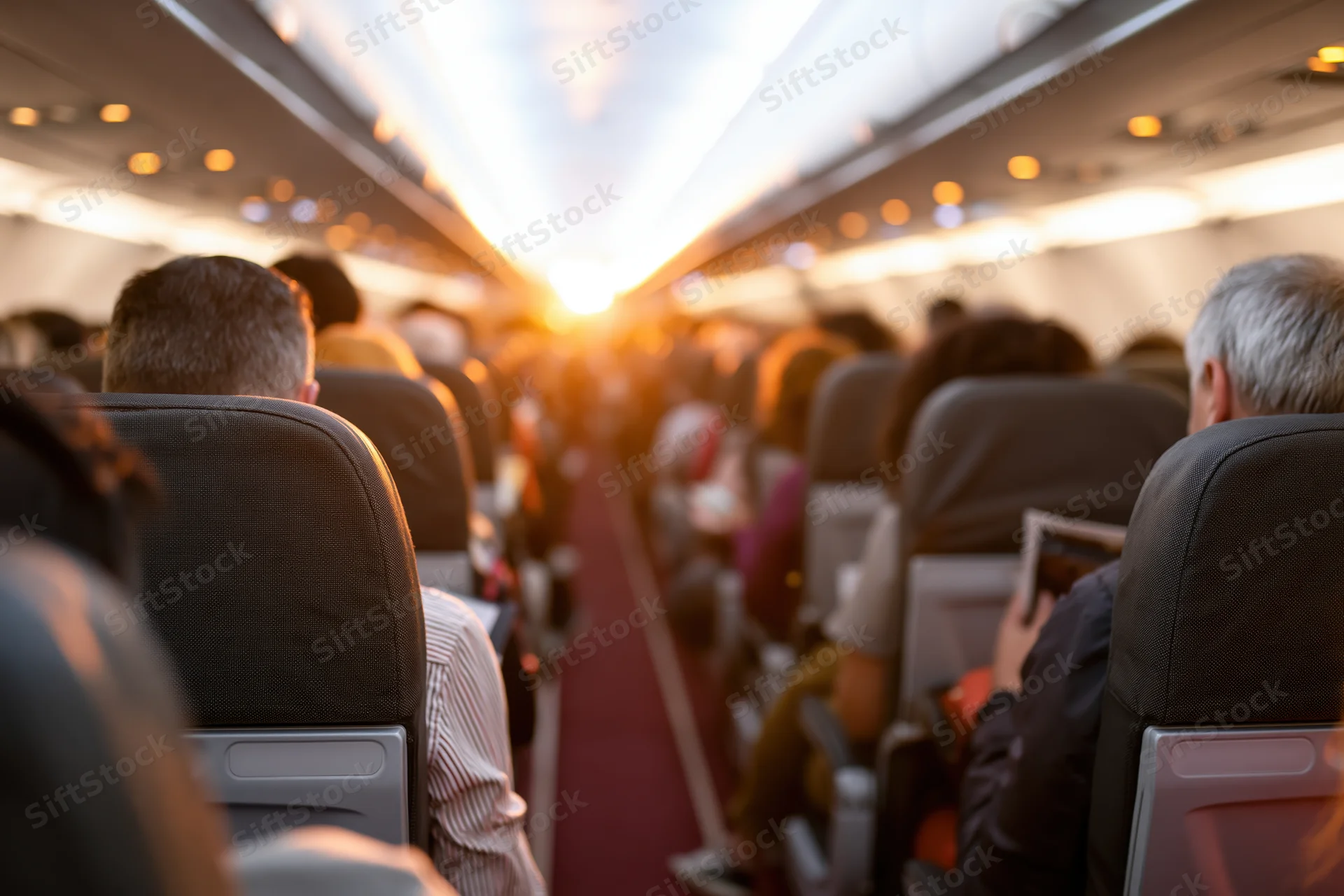 Airplane cabin interior viewed down the aisle toward the cockpit with passengers seated in rows