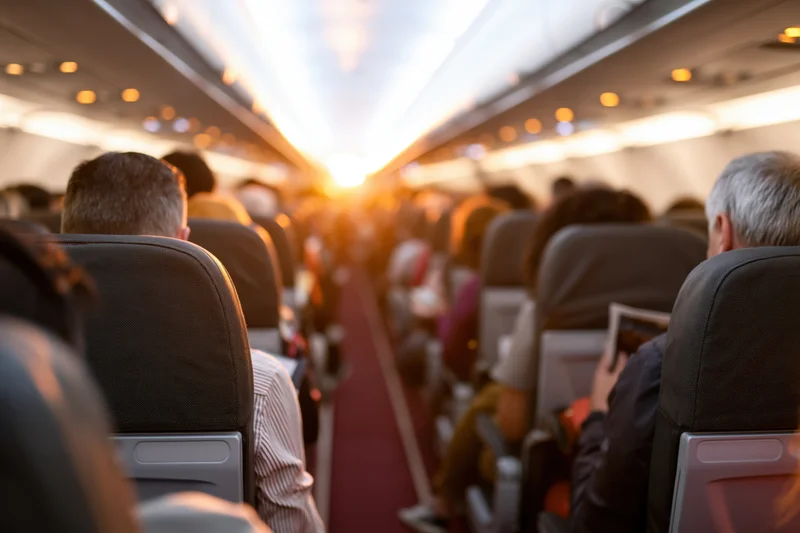 Airplane cabin interior viewed down the aisle toward the cockpit with passengers seated in rows