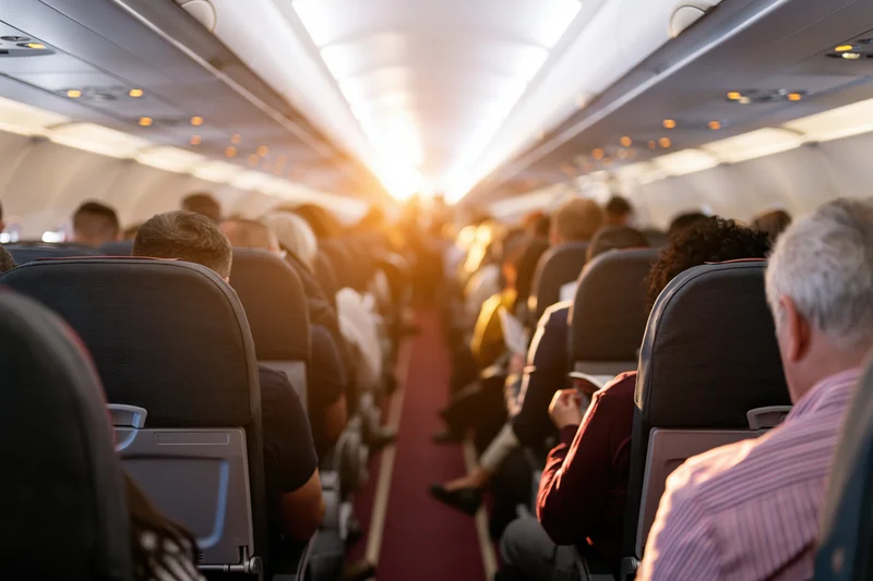 Airplane cabin interior viewed down the aisle toward the cockpit with passengers seated and sunlight streaming through windows