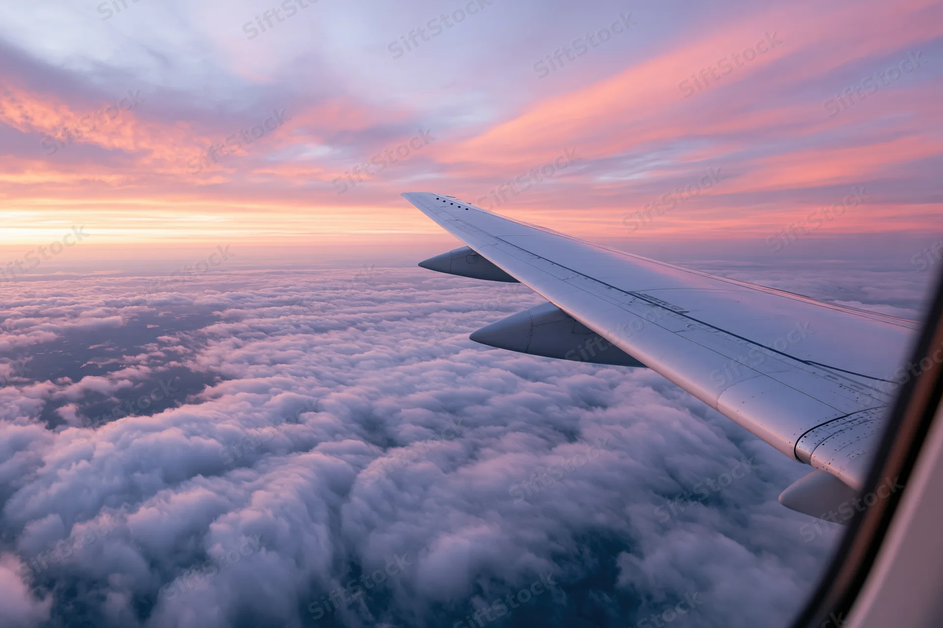 Airplane wing viewed through passenger window above cloud layer during sunset