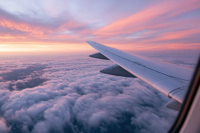 Airplane wing viewed through passenger window above cloud layer during sunset
