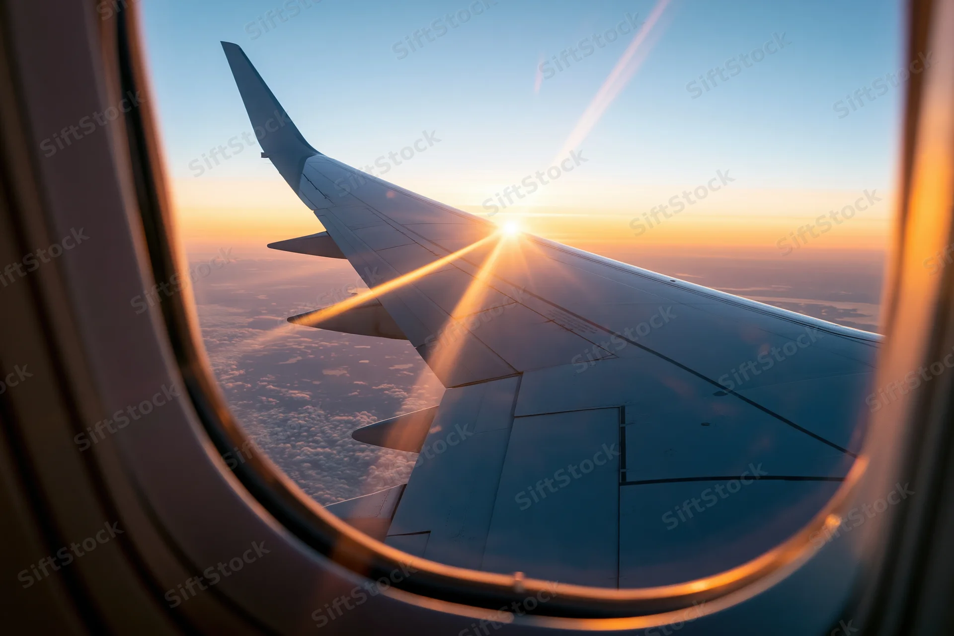 Airplane wing viewed through passenger window during sunset at cruising altitude