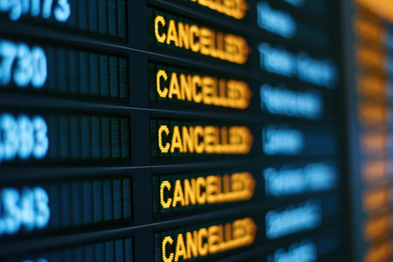 Digital departure board showing multiple cancelled flights in an airport terminal
