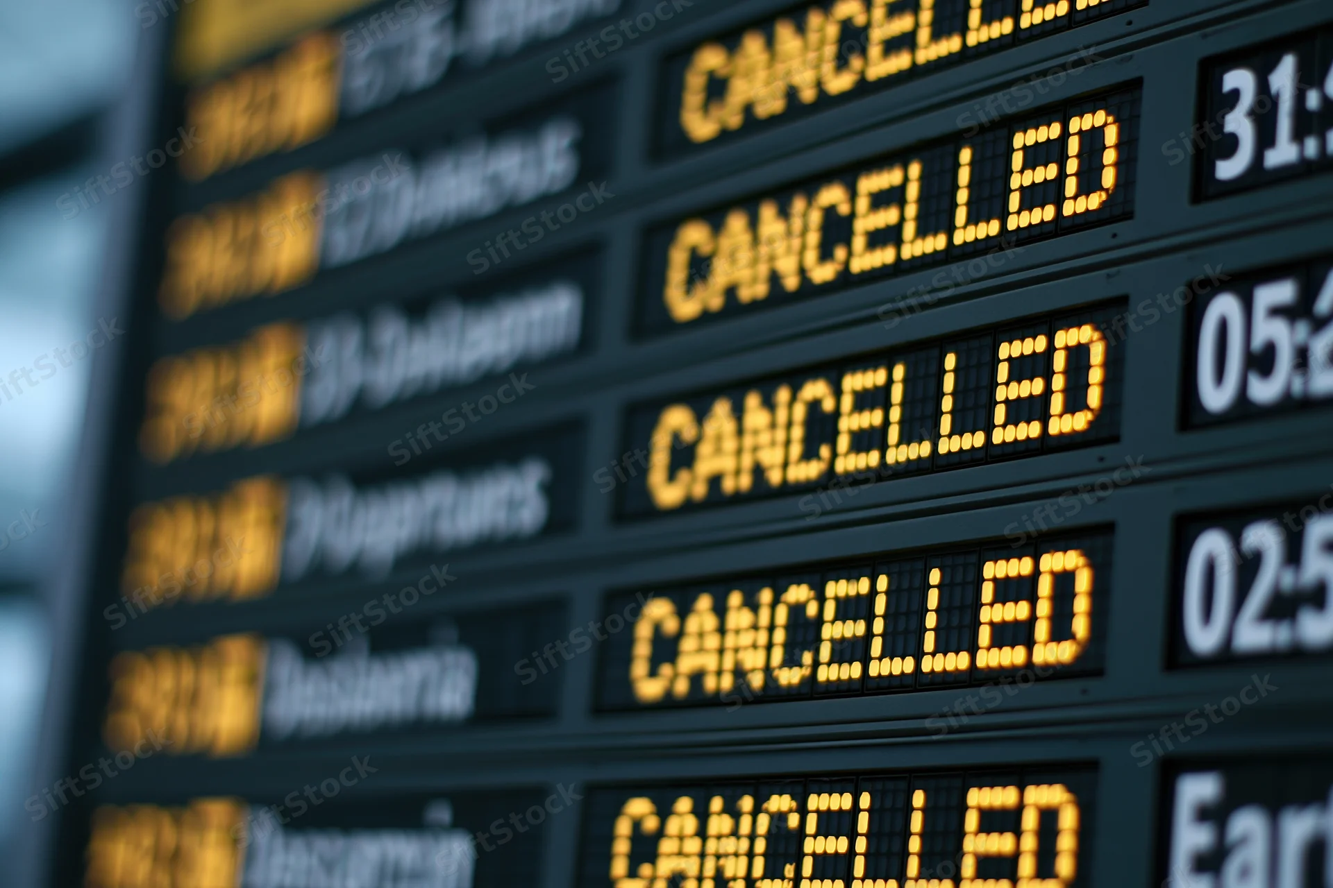 Digital departure board showing multiple cancelled flights at airport terminal