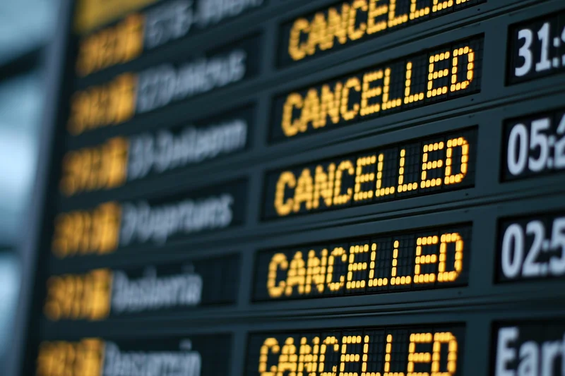 Digital departure board showing multiple cancelled flights at airport terminal