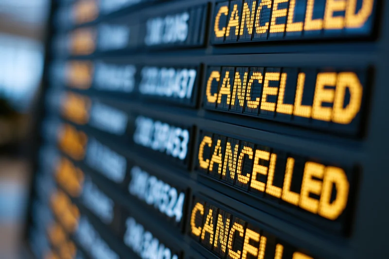 Digital departure board showing multiple cancelled flights in an airport terminal