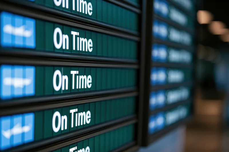 Digital departure board showing multiple flights marked on time in an airport terminal