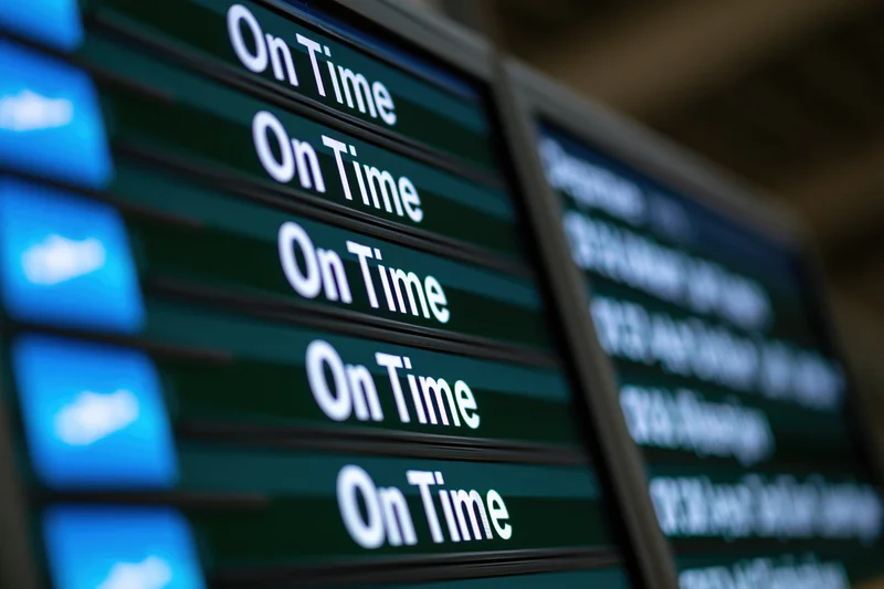 Digital departure board showing multiple flights listed as on time in an airport terminal