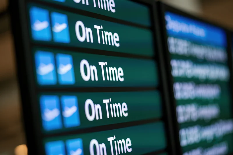Digital departure board showing multiple flights listed as on time in an airport terminal