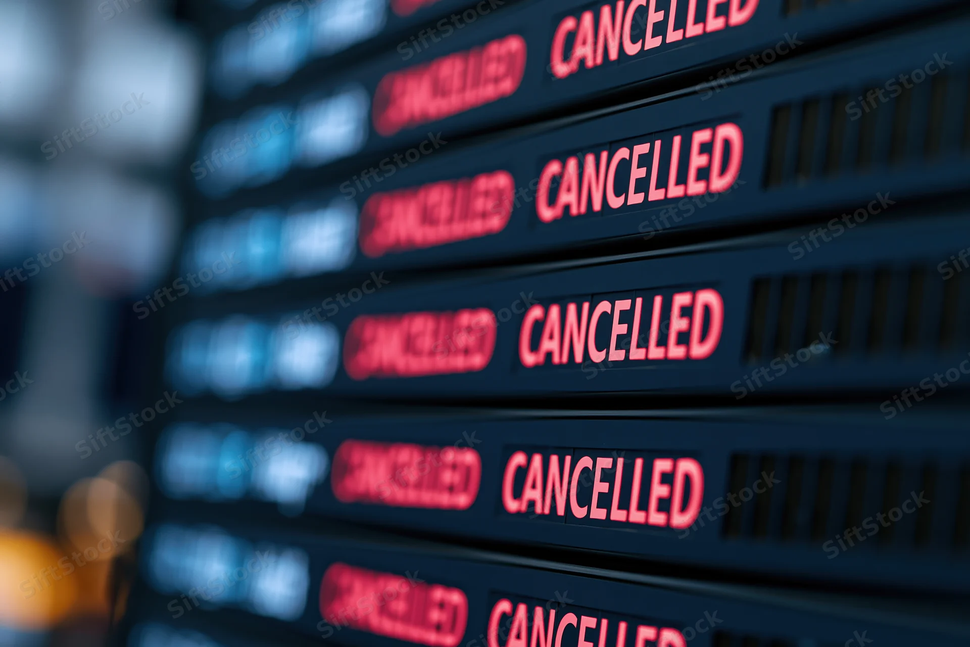 Digital departure board showing multiple cancelled flight statuses in red text at airport terminal