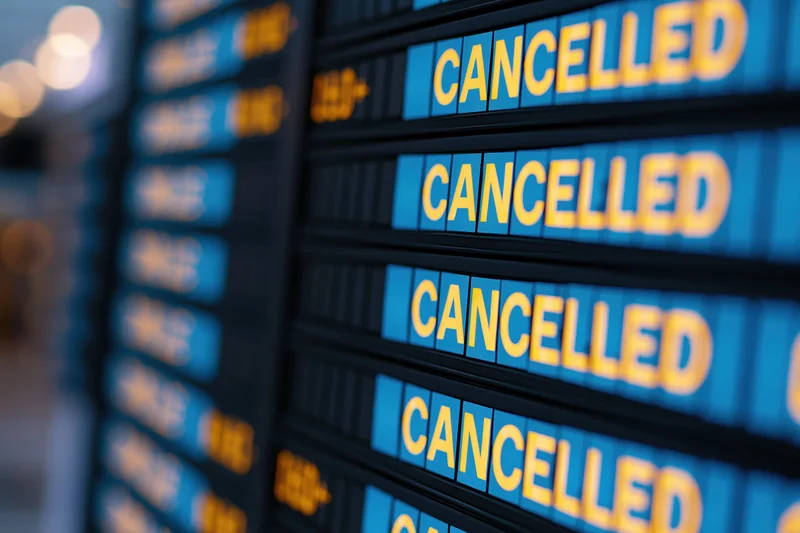 Digital airport departure board showing multiple flights marked cancelled in yellow text on blue background