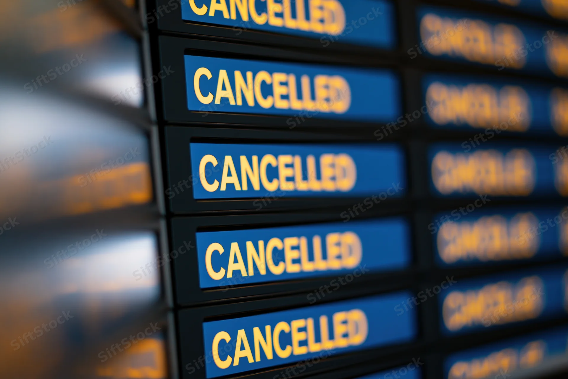 Digital airport departure board showing multiple flight rows all marked cancelled in yellow text on blue background