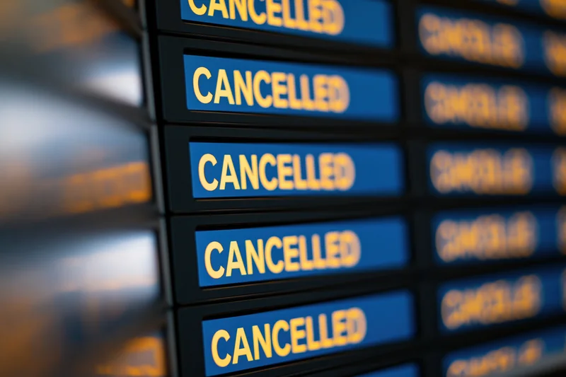 Digital airport departure board showing multiple flight rows all marked cancelled in yellow text on blue background