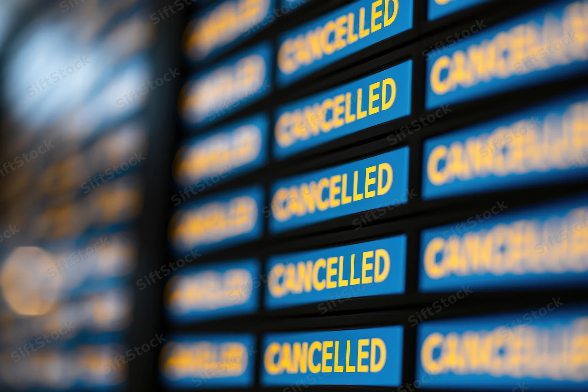 Digital airport departure board showing multiple flight rows all marked cancelled in blue and yellow text