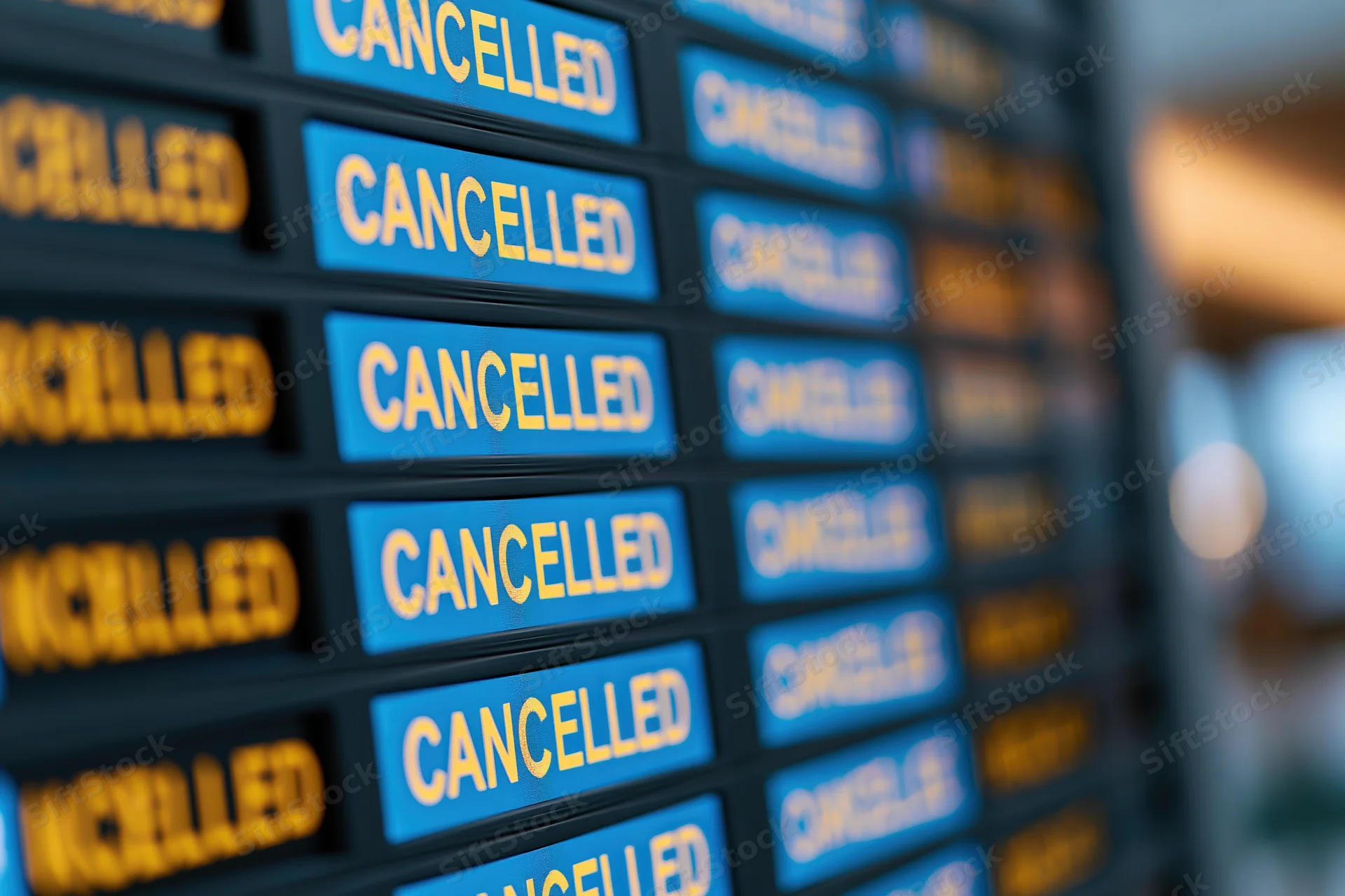 Digital departure board showing multiple cancelled flights in an airport terminal