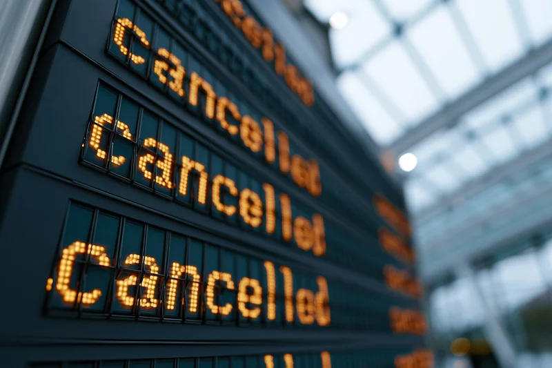 Digital departure board showing cancelled flights in an airport terminal