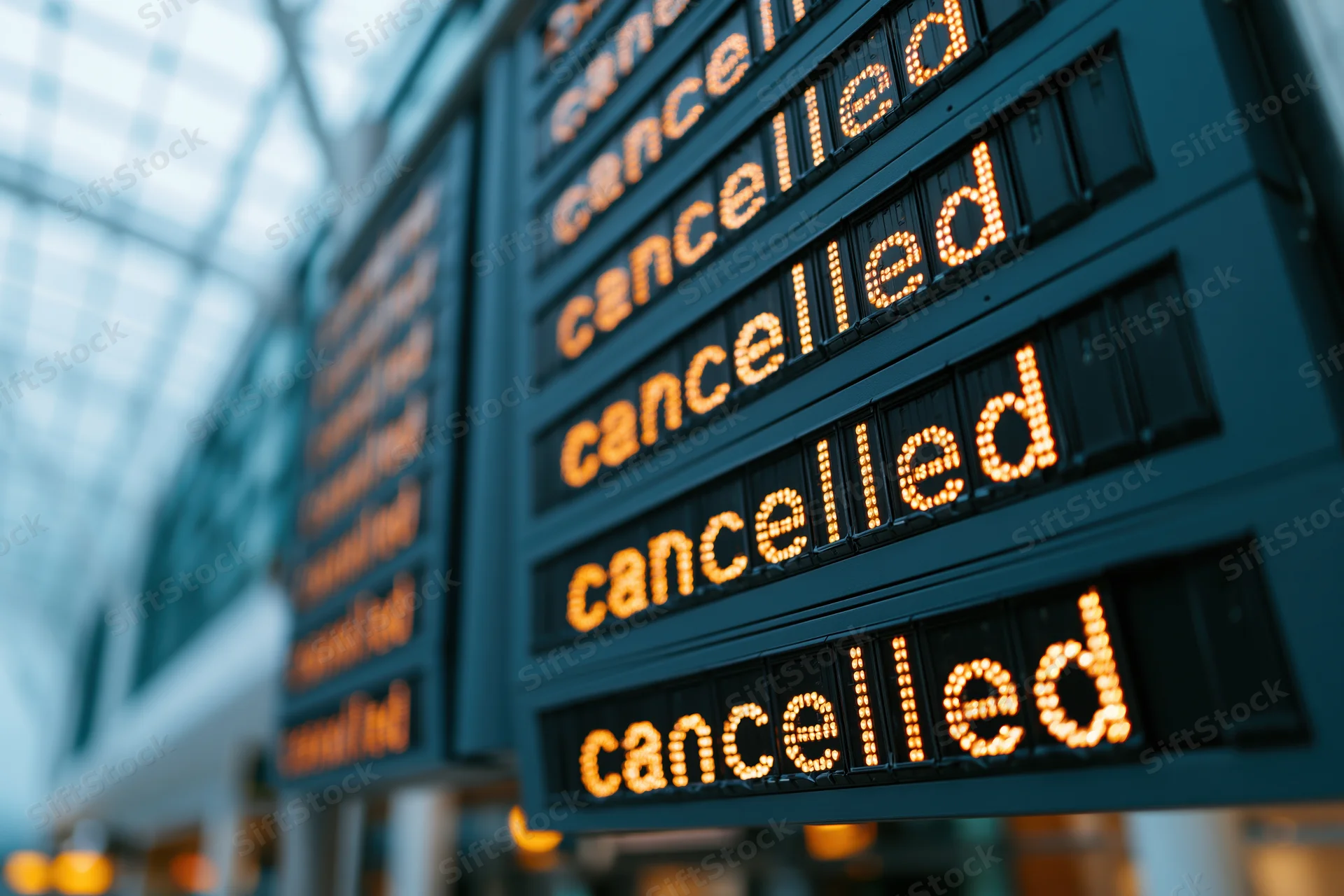 Digital departure board showing cancelled flights in an airport terminal
