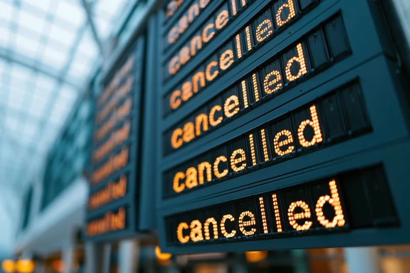Digital departure board showing cancelled flights in an airport terminal