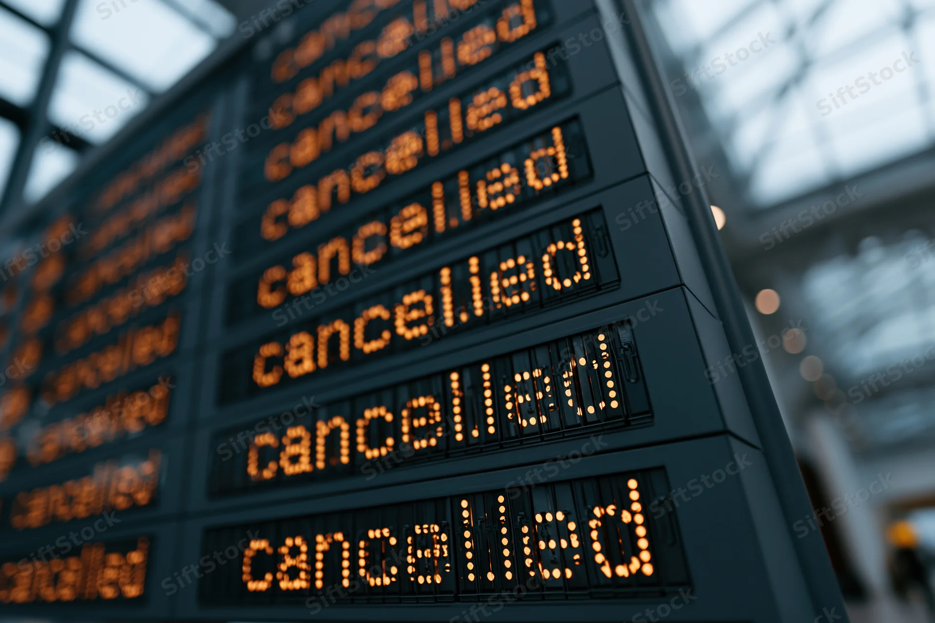 Digital departure board showing cancelled flights in an airport terminal
