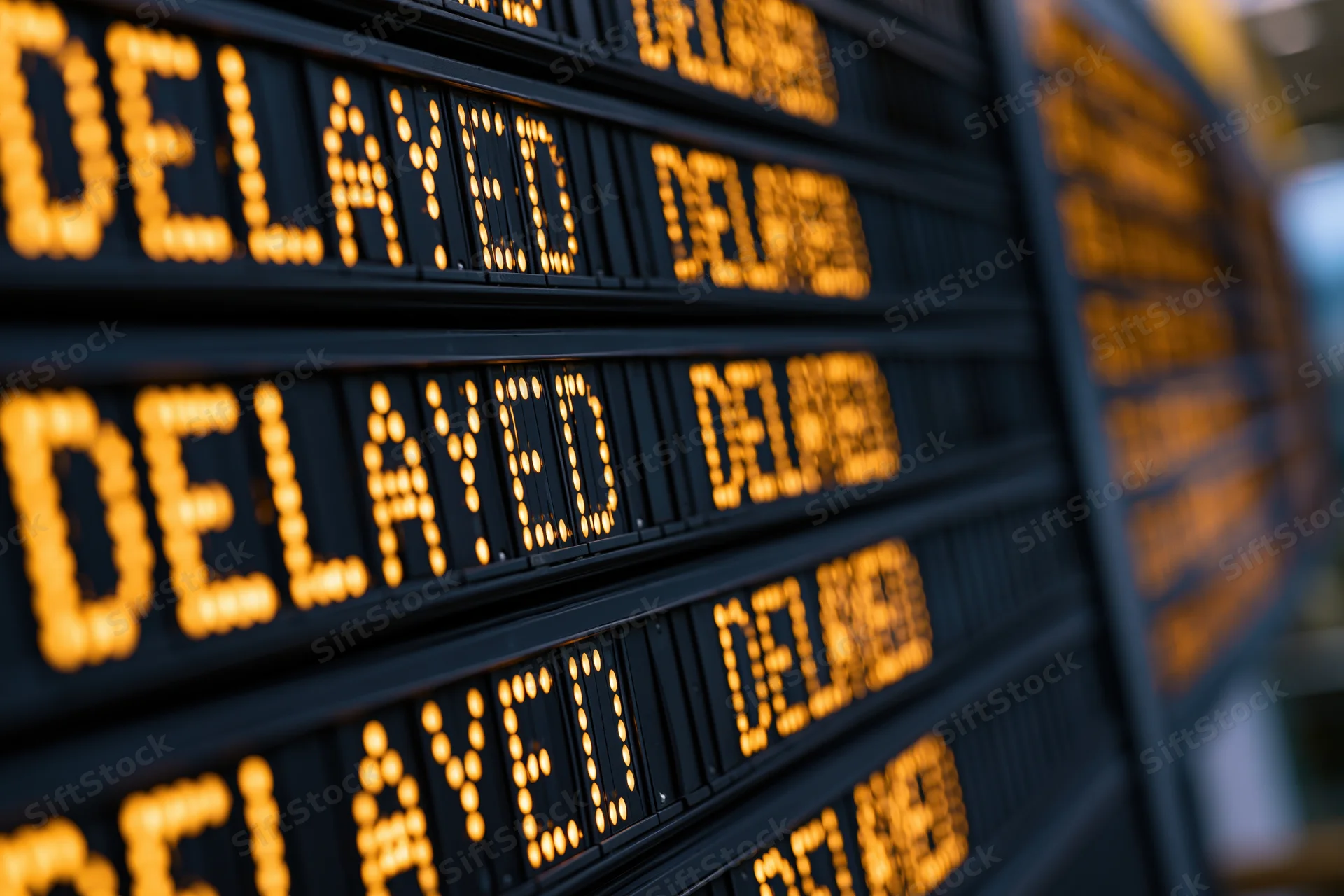 Digital departure board showing delayed flights in orange led text at airport terminal