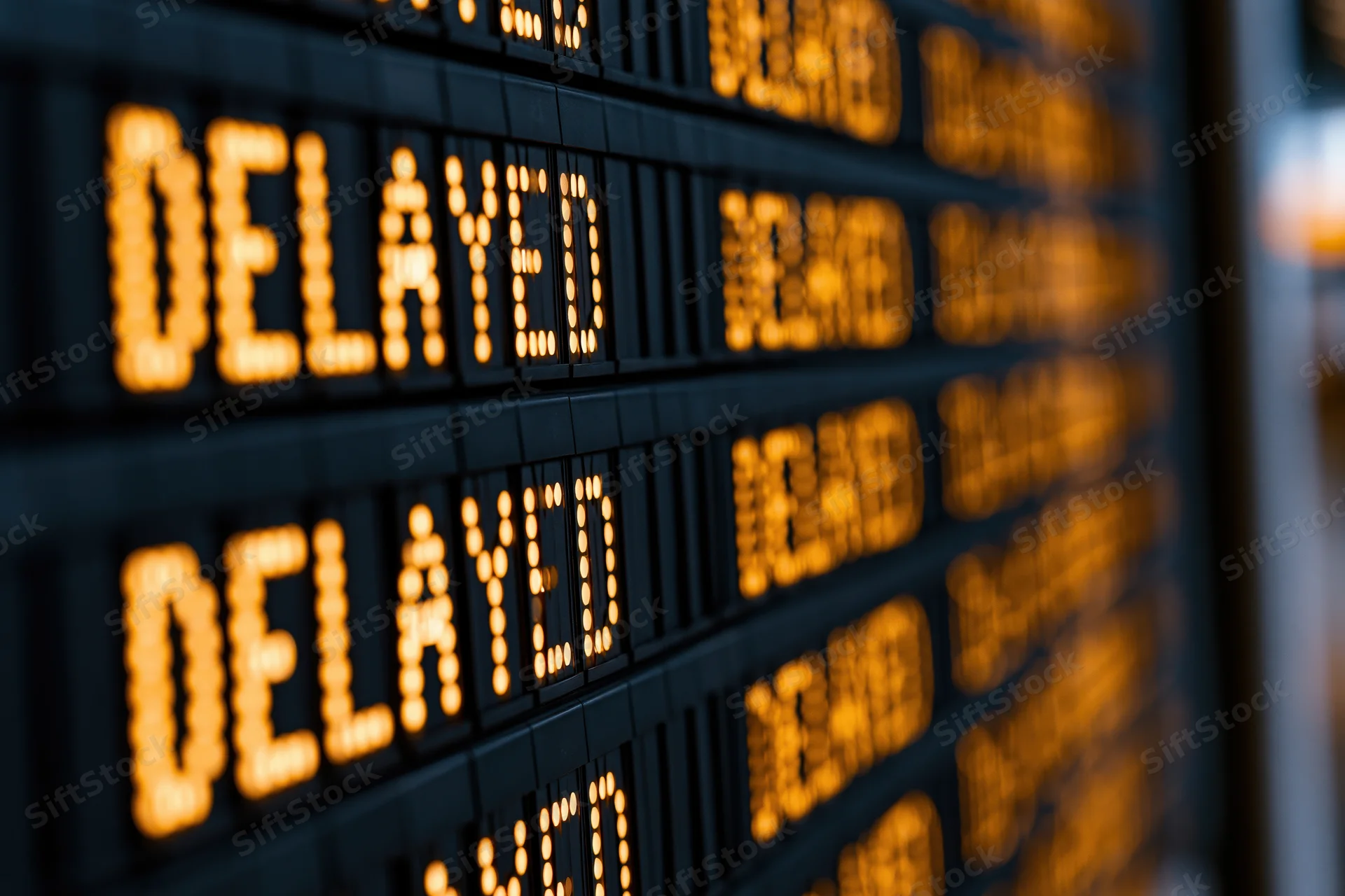Airport departure board showing delayed flights in orange led text filling the frame