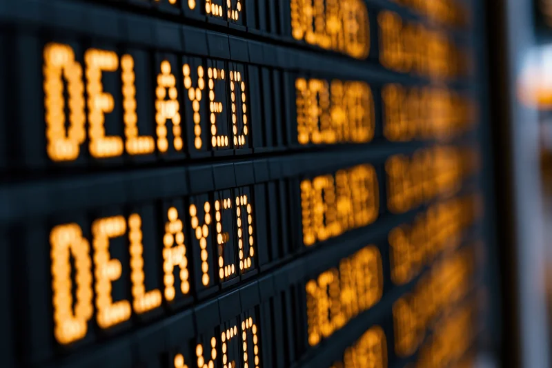 Airport departure board showing delayed flights in orange led text filling the frame