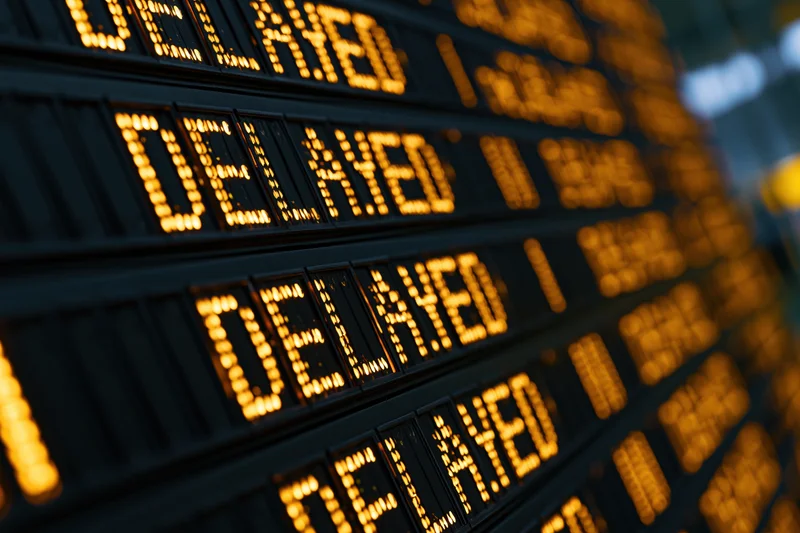 Airport departure board showing delayed flights in illuminated orange text filling the frame