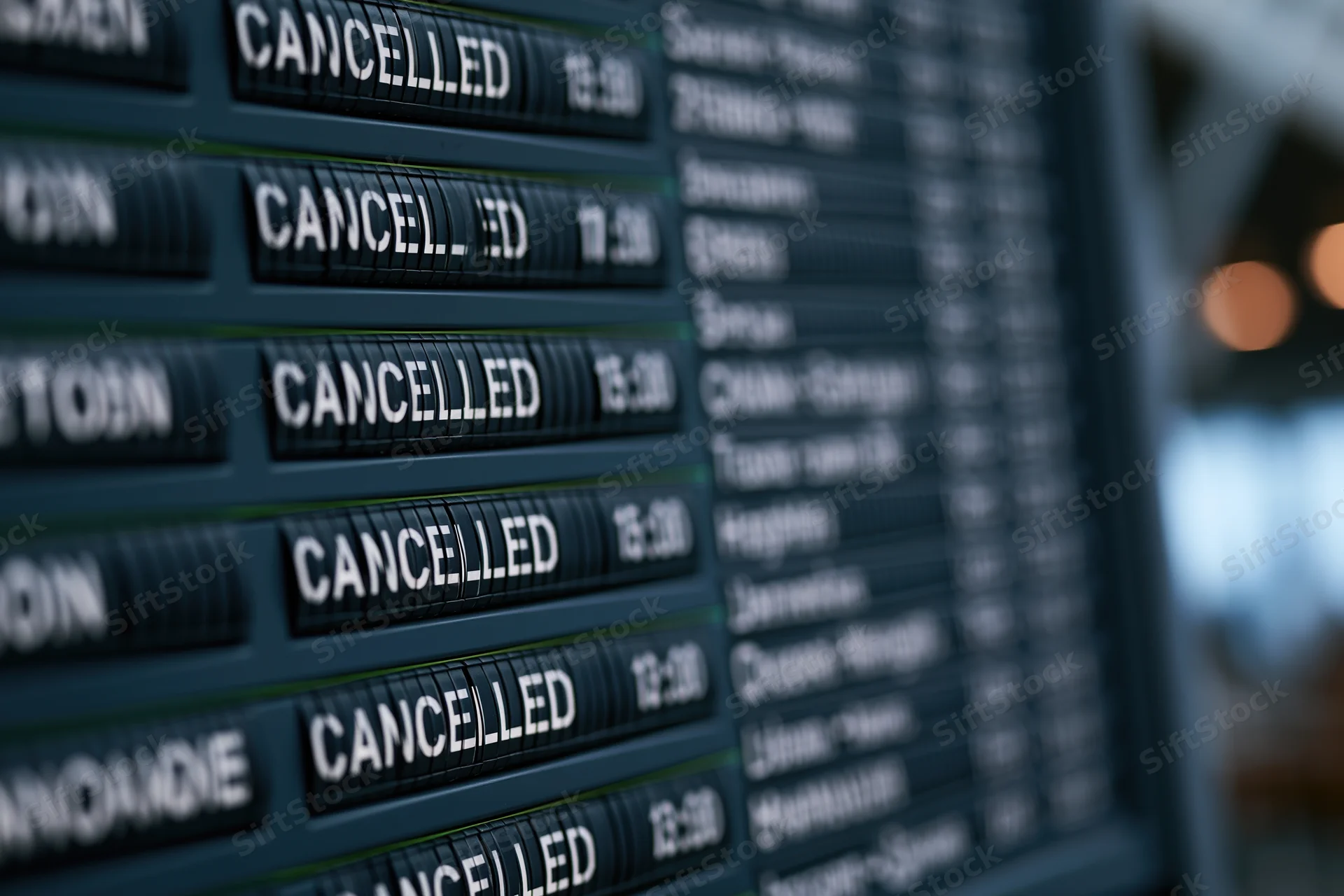 Airport departure board showing cancelled flights in rows with blurred background