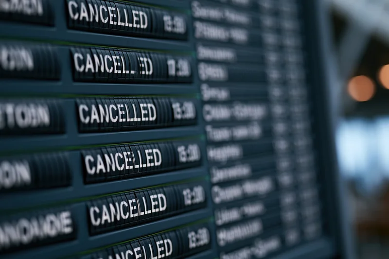 Airport departure board showing cancelled flights in rows with blurred background