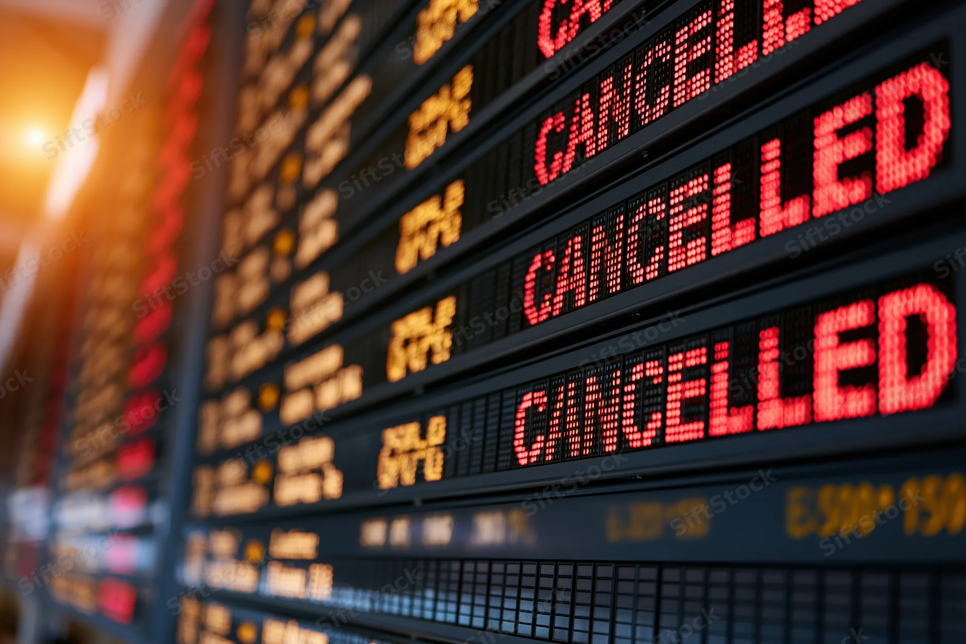 Digital departure board showing multiple cancelled flights in red text at airport terminal