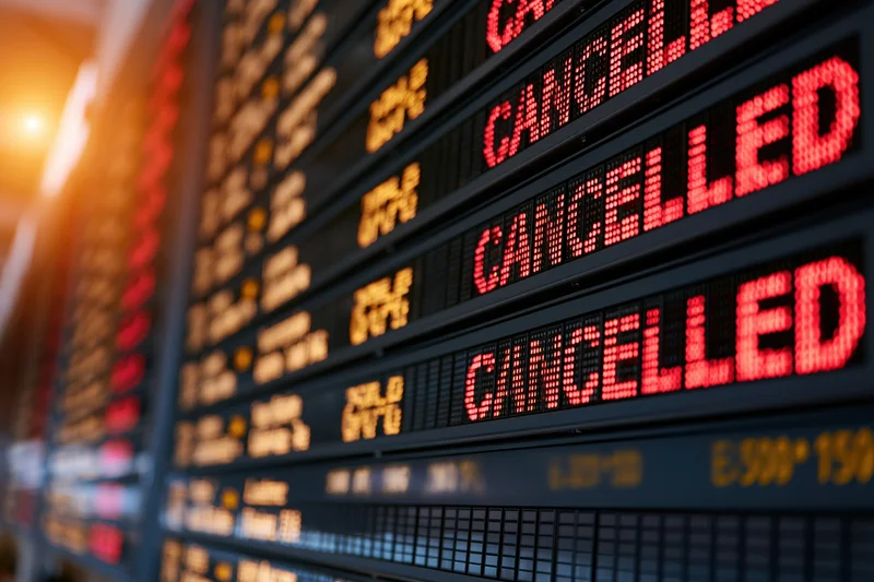 Digital departure board showing multiple cancelled flights in red text at airport terminal