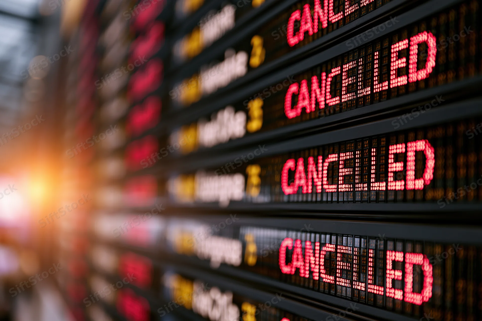 Digital departure board showing multiple cancelled flights in red text at airport terminal