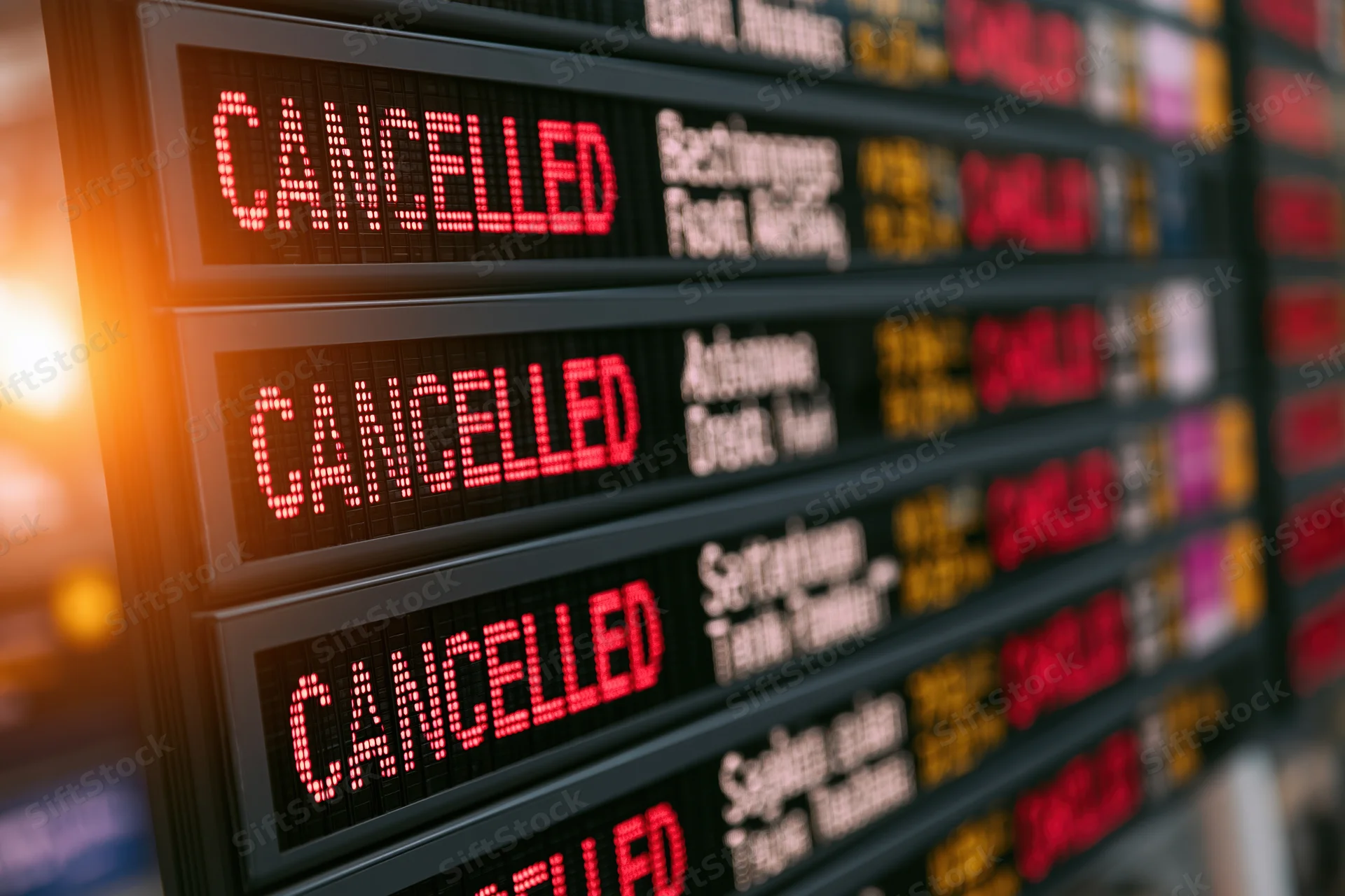 Digital departure board showing cancelled flights in red text at airport terminal